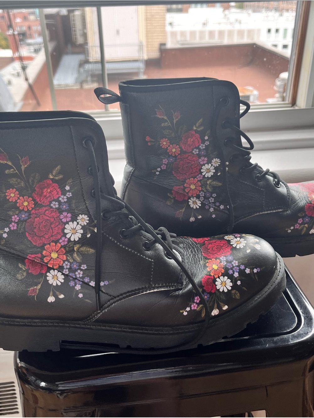 Women's Black Floral Lace-Up Combat Boots